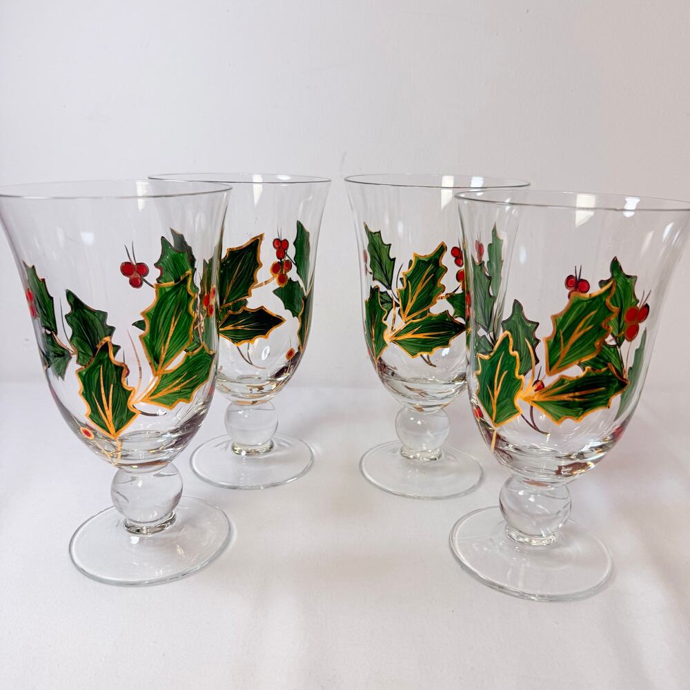 Set of 4 Lenox Holiday Holly Leaves and Berries 16oz Ice Tea Water Glasses